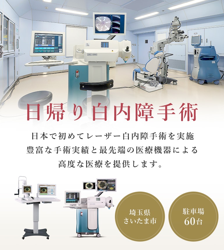 日帰り白内障手術 日本で初めてレーザー白内障手術を実施 豊富な手術実績と最先端の医療機器による高度な医療を提供します。